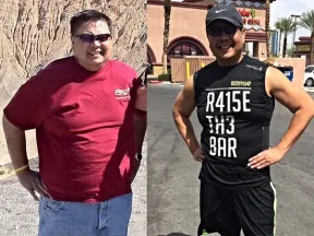 Man's before &amp; after weight loss: heavier vs. fit in black 'R415E TH3 BAR' tank top.