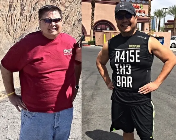 Man's before &amp; after weight loss: heavier vs. fit in black 'R415E TH3 BAR' tank top.