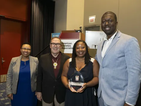 The American Diabetes Association (ADA) presented the inaugural Dr. Felicia Hill-Briggs Health Equity Trailblazer in Diabetes Award to this year’s recipient, Dr. Tiffany Gary-Webb, pictured alongside Dr. Stephanie Fitzpatrick (left), ADA Board Member Robin Richardson (center), and ADA's chief quality officer Osagie Ebekozien (right).