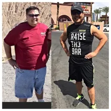 Man's before &amp; after weight loss: heavier vs. fit in black 'R415E TH3 BAR' tank top.